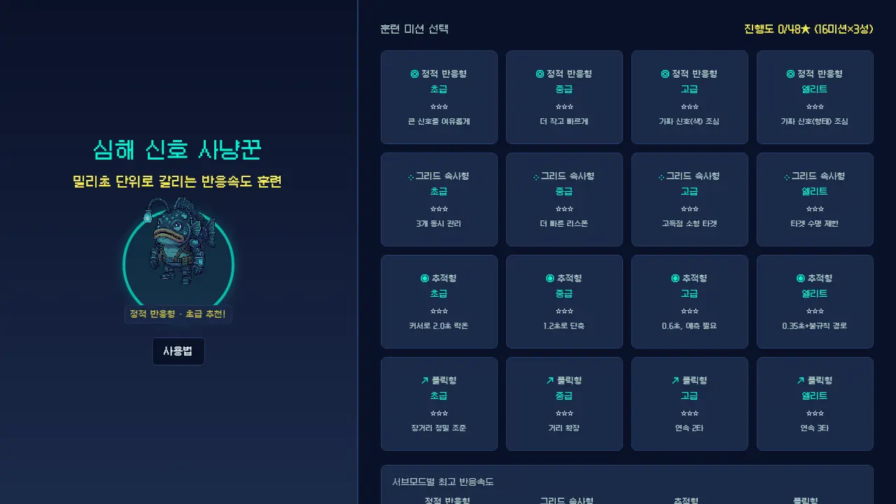 시그널 록 로비. 정적 반응형, 그리드 속사형, 추적형, 플릭형 훈련 카드가 초급부터 엘리트까지 나열되어 있다