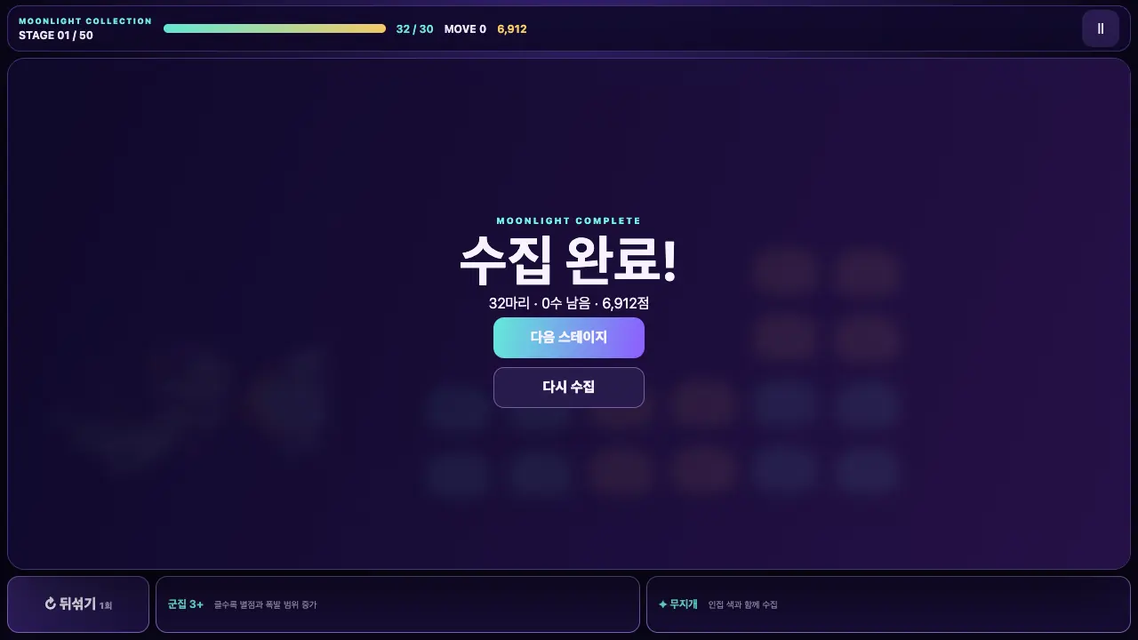 수집 완료 창. 32마리, 0수 남음, 6,912점과 다음 스테이지 버튼이 보인다