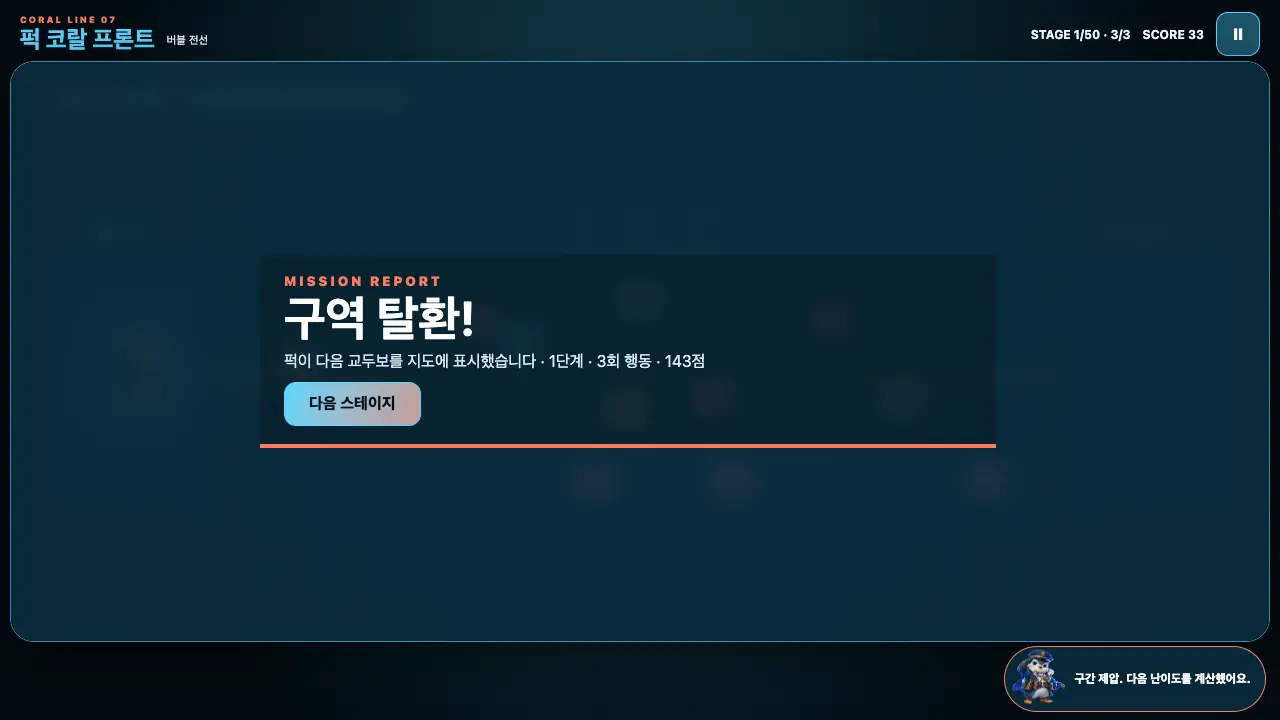 1단계를 마친 구역 탈환 창. 3회 행동 143점과 다음 스테이지 버튼이 보인다