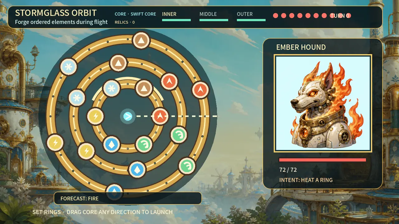 전투 화면. 금빛 고리 세 겹에 원소 구슬이 박혀 있고 오른쪽에 EMBER HOUND 카드가 보인다