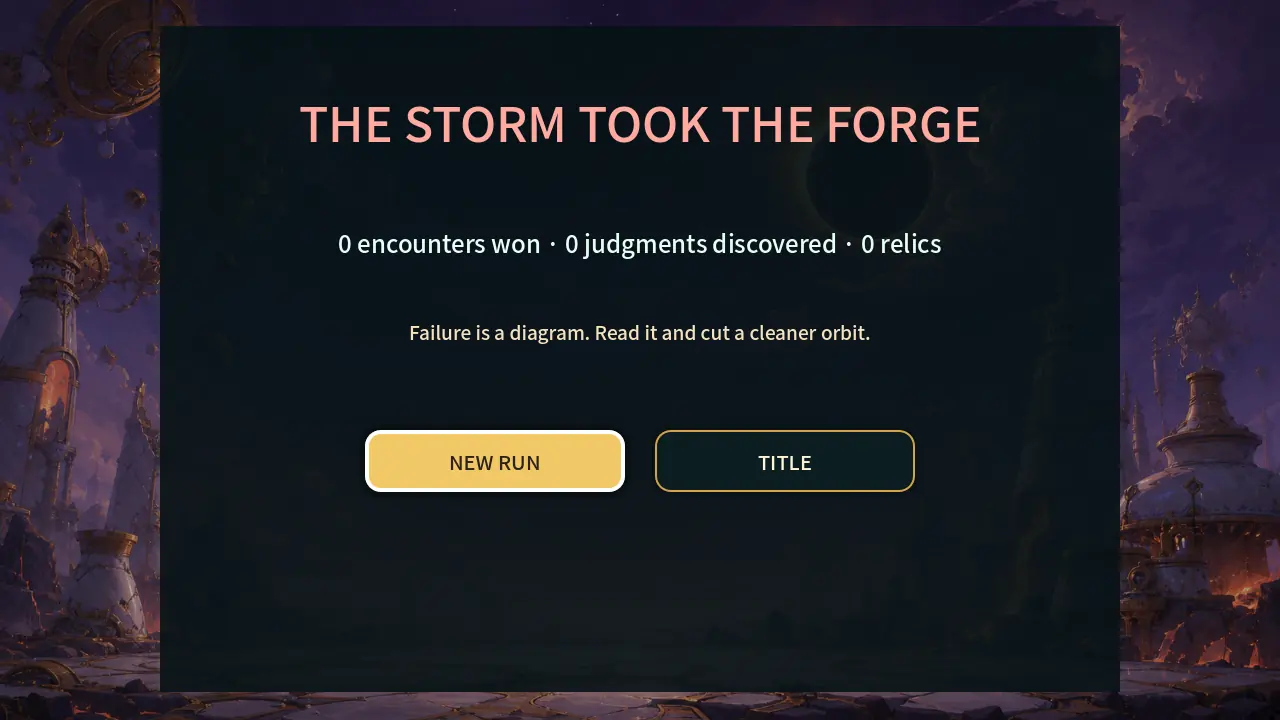 THE STORM TOOK THE FORGE 결과 창. 0 encounters won과 NEW RUN, TITLE 버튼이 보인다