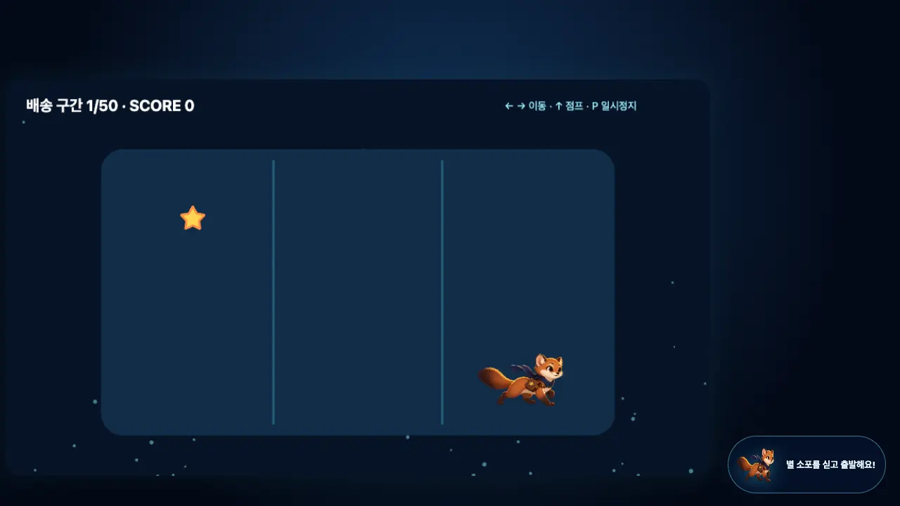 플레이 화면. 오른쪽 레인에서 달리는 토리와 왼쪽 위에서 내려오는 노란 별 소포가 보인다