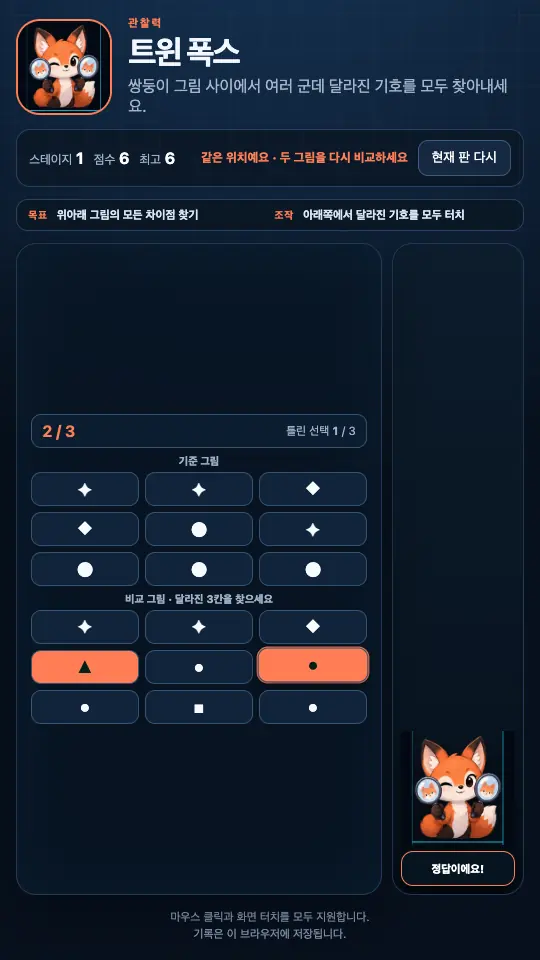 두 칸을 찾은 화면. 비교 그림의 삼각형 칸과 동그라미 칸이 주황색으로 칠해지고 틀린 선택 1 / 3이 표시된다